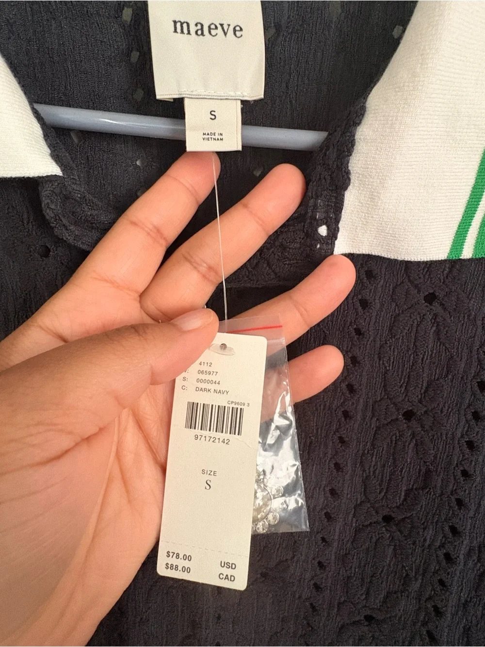 Anthropologie Navy Eyelet Polo Top with White & Green Trim